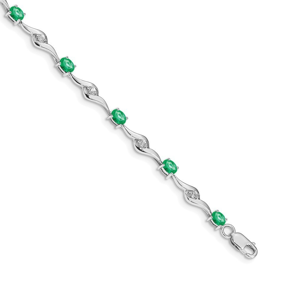 14k White Gold White Sapphire and Emerald Gemstone Bracelet, 7 inch Length